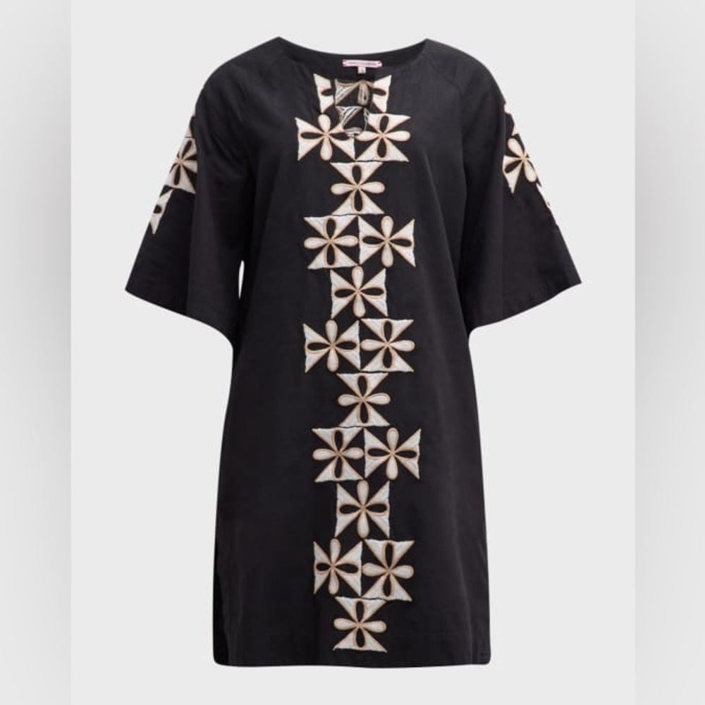 Frances Valentine Black Gambit Caftan Dress embroidered linen 0 2 4 Small